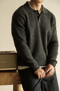 Redford Long Sleeve Knit Polo Sweater - Carbon Gray