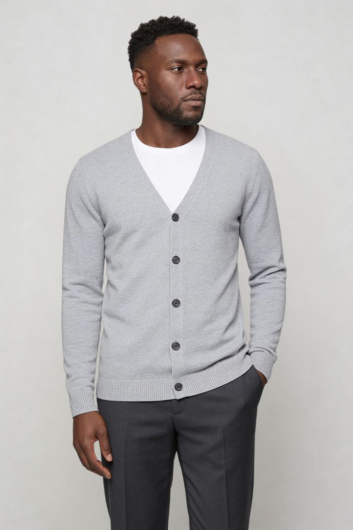 men’s light gray wool V-neck cardigan