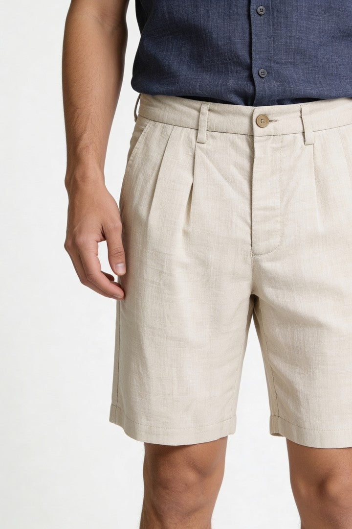 Men’s soft sand pleated linen shorts in breathable lyocell linen blend with tailored summer fit close-up