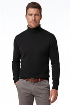 man wearing the premium men’s black merino wool turtleneck sweater from Lavencio