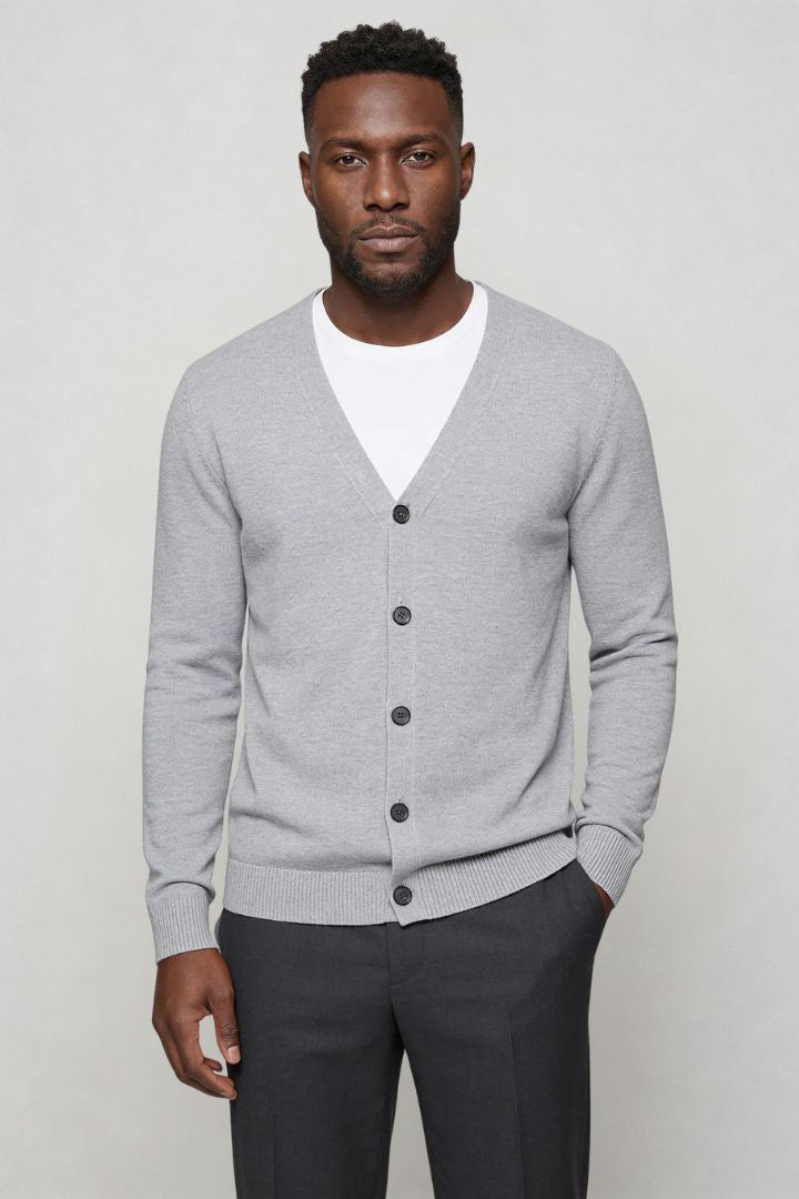 men’s light gray wool V-neck cardigan front view
