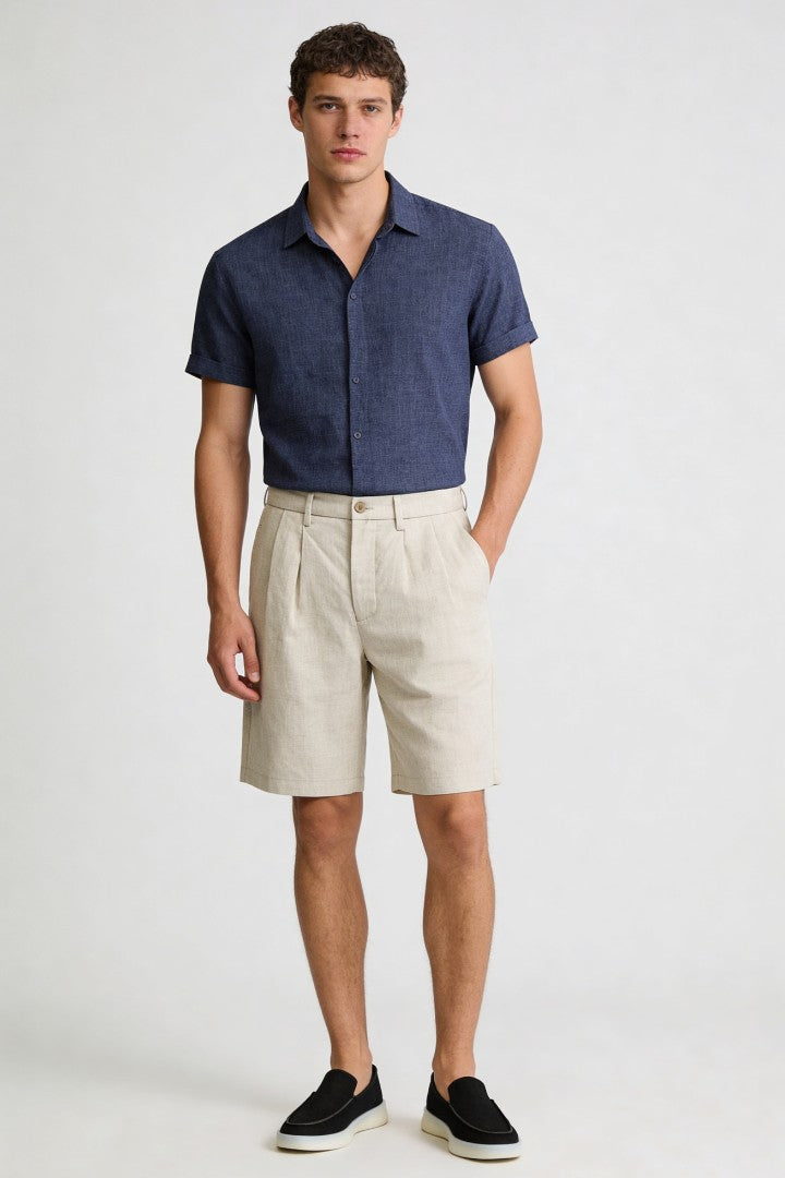 Men’s soft sand pleated linen shorts in breathable lyocell linen blend with tailored summer fit model shoot