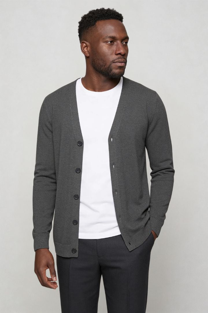 men’s grey pure wool V-neck cardigan