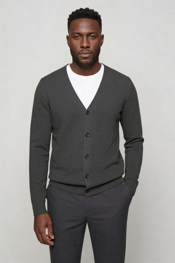 men’s grey pure wool V-neck cardigan front view