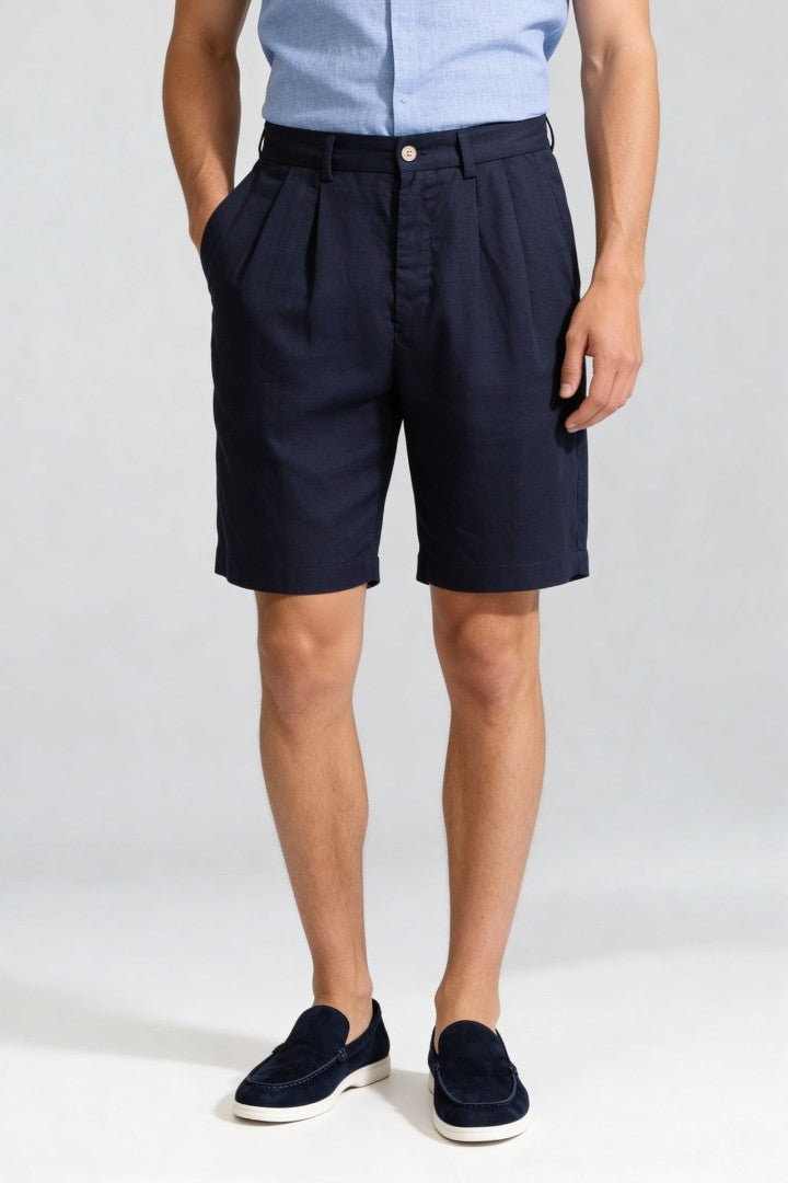 Men’s navy pleated linen shorts in breathable lyocell linen blend with tailored summer fit