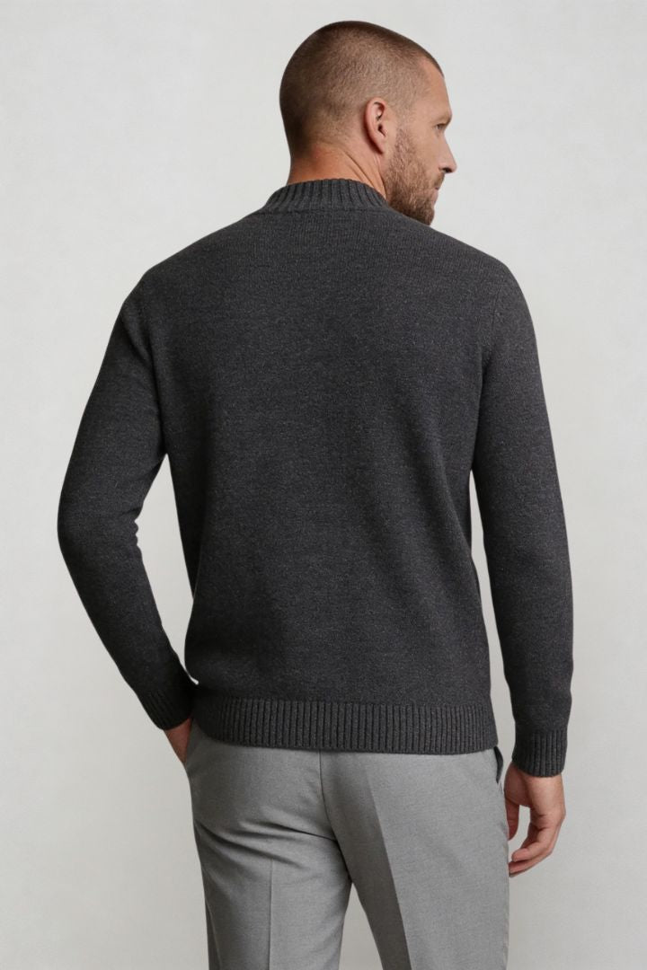Men’s pure wool sweater tailored button neck knit gray back