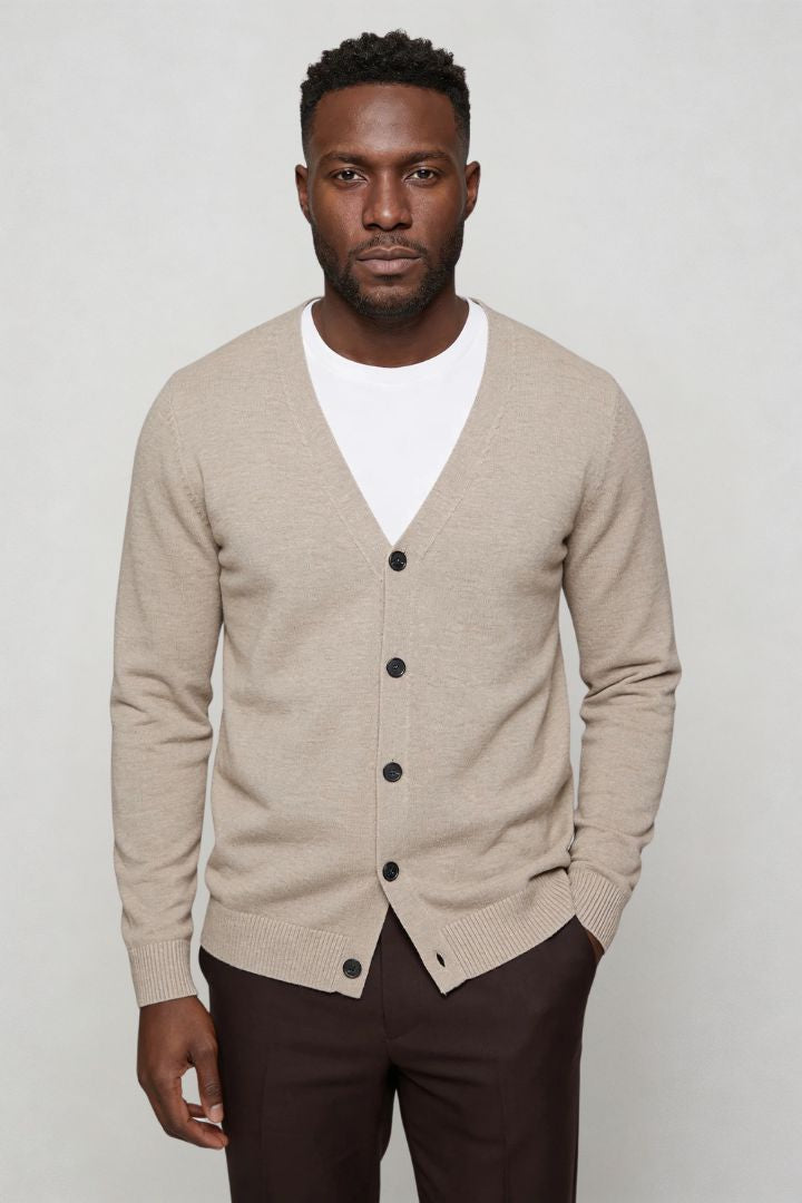 men’s beige pure wool V-neck cardigan front side