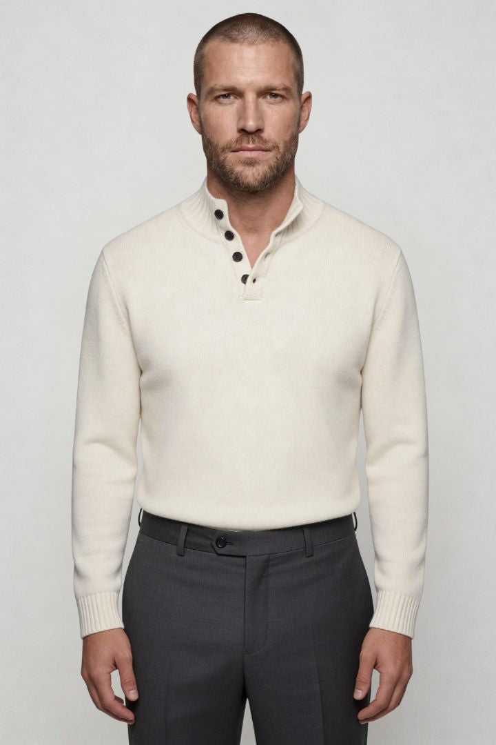 Lavencio Men’s pure wool white sweater tailored button neck knit
