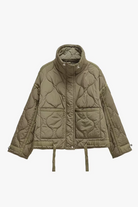 Olive green women’s quilted puffer jacket with high stand collar and pockets