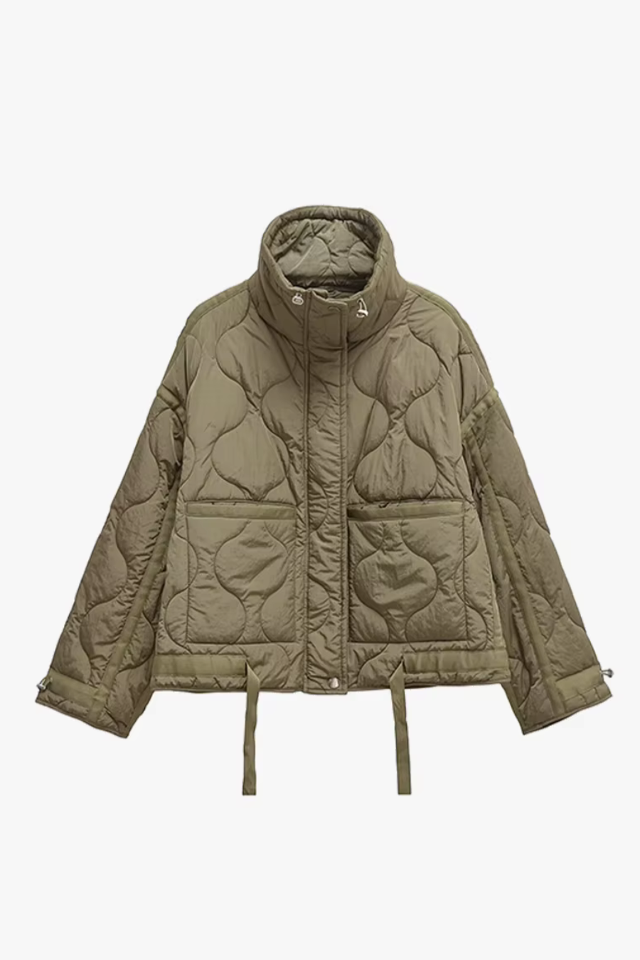 Olive green women’s quilted puffer jacket with high stand collar and pockets