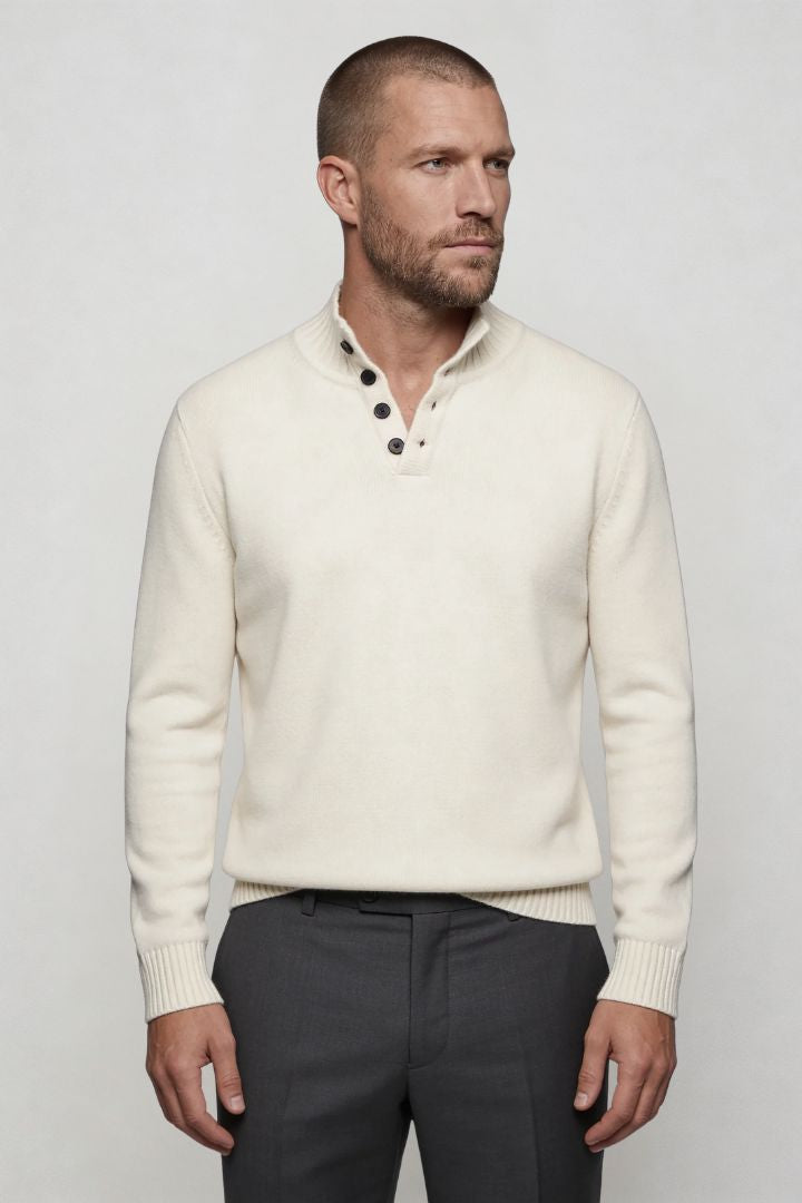 Lavencio Men’s pure wool white sweater tailored button neck knit side profile