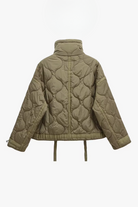 Back of olive quilted jacket showing wave quilting pattern