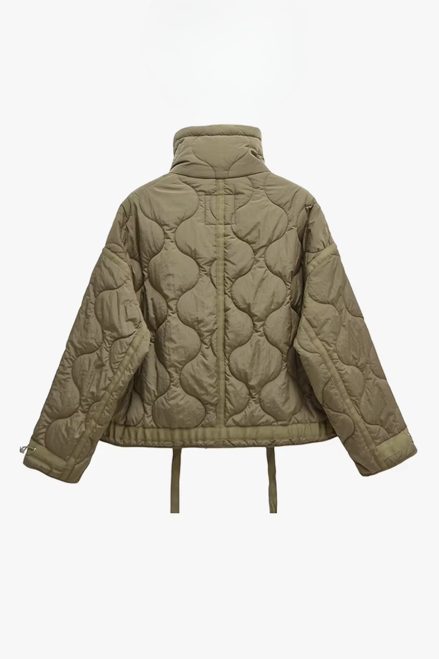 Back of olive quilted jacket showing wave quilting pattern