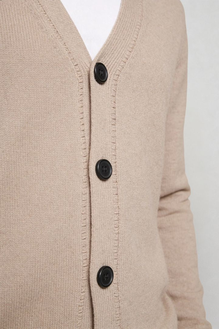 men’s beige pure wool V-neck cardigan close-up