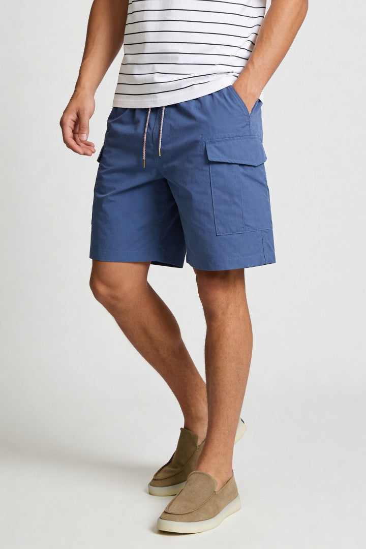 Men’s blue utility cargo shorts with drawstring waist and side cargo pockets in lightweight fabric