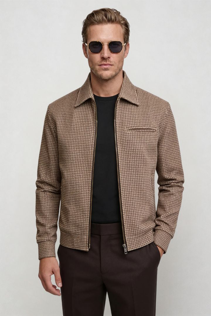 men brown checkered zip jacket tailored fit front view