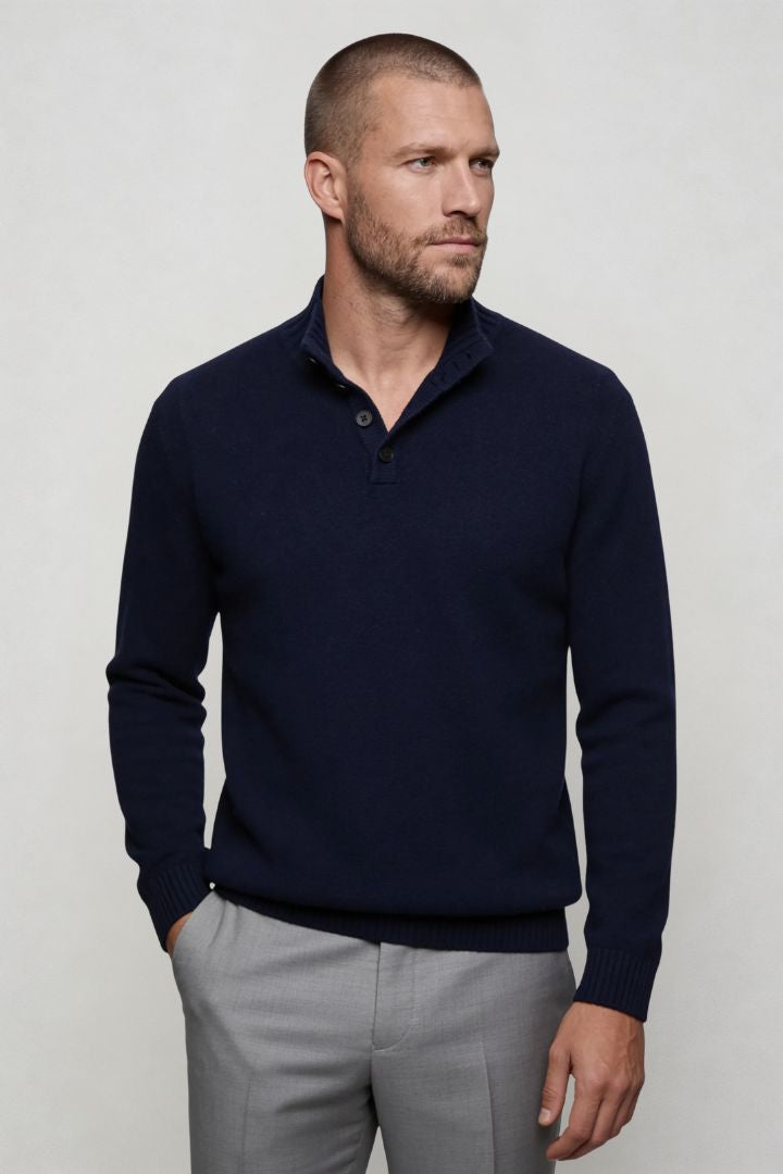 Lavencio Men’s pure wool navy sweater tailored button neck knit side pose