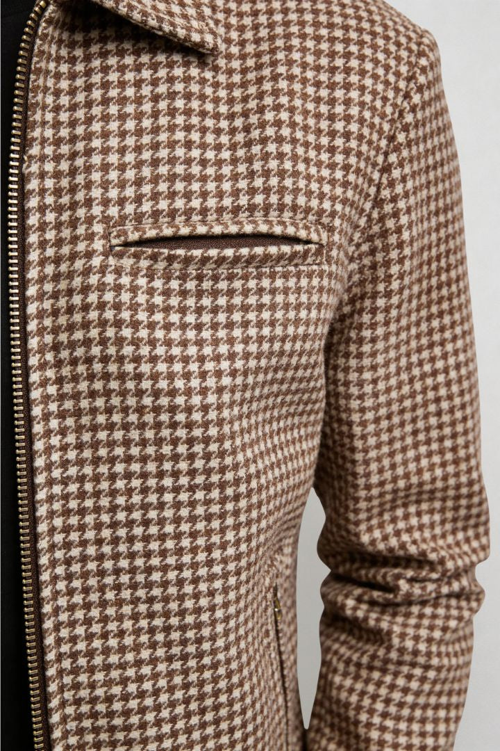 men brown checkered zip jacket tailored fit close-up