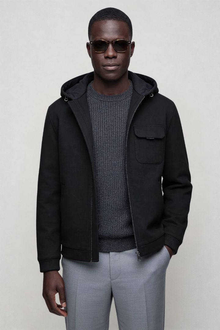 Men’s wool blend hooded zip jacket smart casual outerwear black