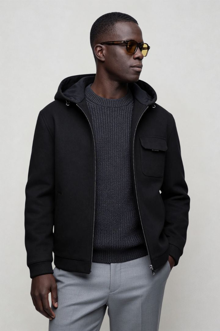 Men’s wool blend hooded zip jacket smart casual outerwear front