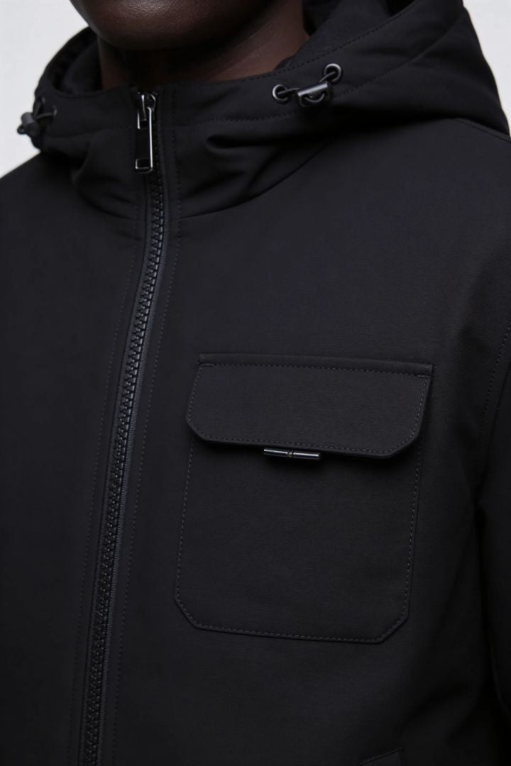 Men’s wool blend hooded zip jacket smart casual outerwear close up