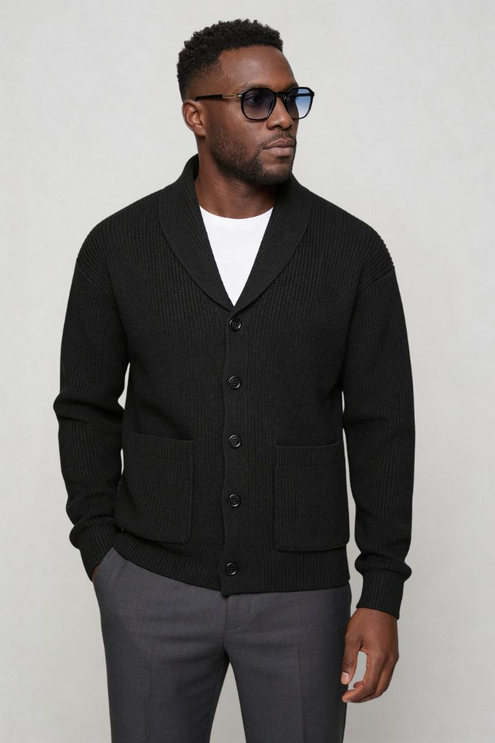 men shawl collar cotton cardigan in black