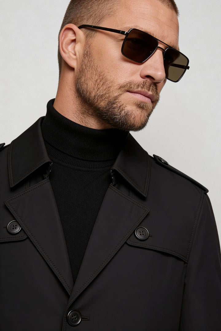 men’s black mid-length tailored coat smart casual trench jacket structured fit close up