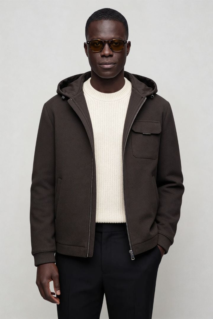 Men’s wool blend hooded zip jacket smart casual outerwear brown