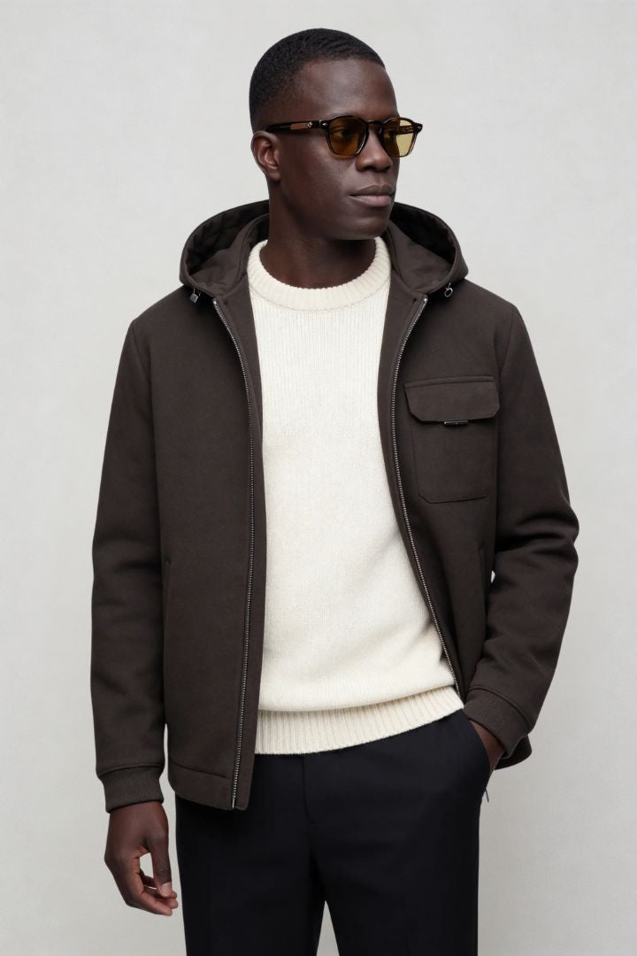 Men’s wool blend hooded zip jacket smart casual outerwear brown front pose