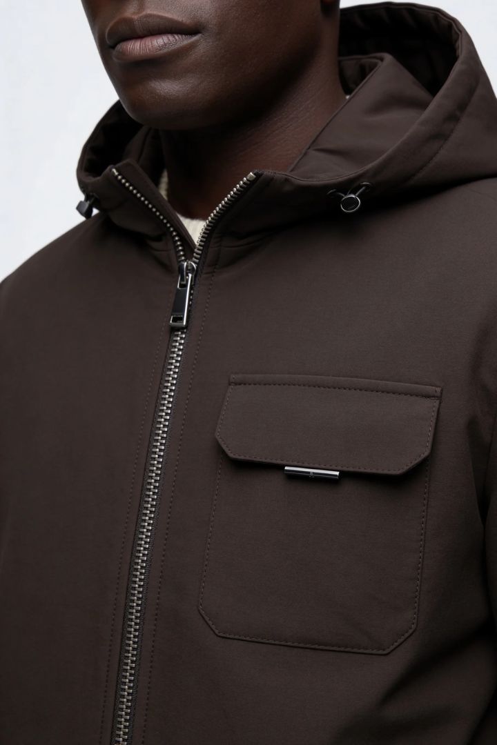 Men’s wool blend hooded zip jacket smart casual outerwear brown close up