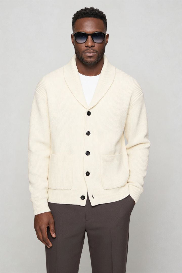men shawl collar cotton cardigan in white