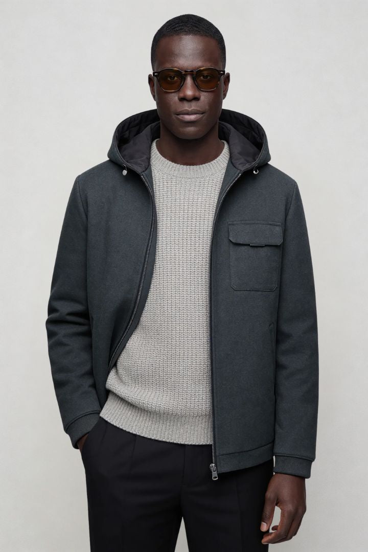 Men’s wool blend hooded zip jacket smart casual outerwear steel blue