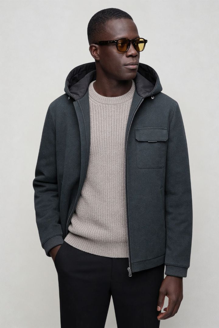 Men’s wool blend hooded zip jacket smart casual outerwear steel blue front pose