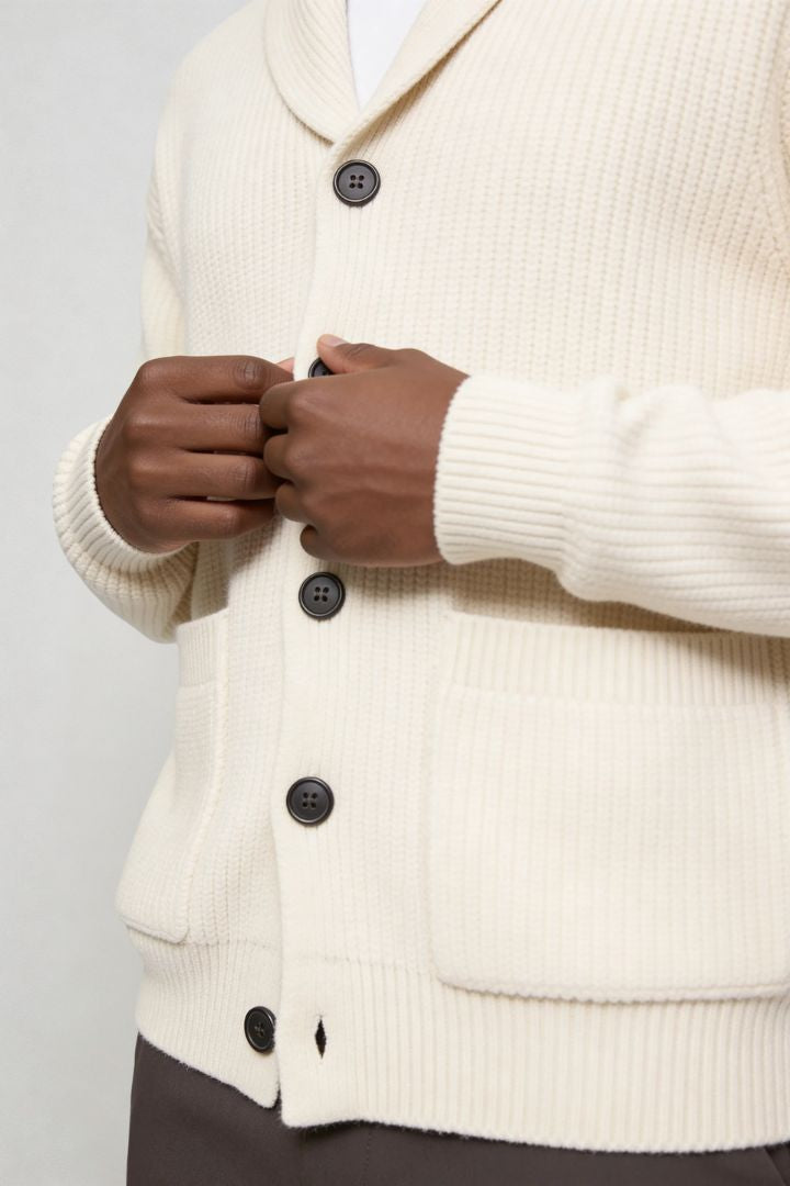 men shawl collar cotton cardigan in white close-up