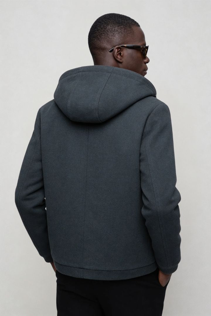 Men’s wool blend hooded zip jacket smart casual outerwear steel blue back