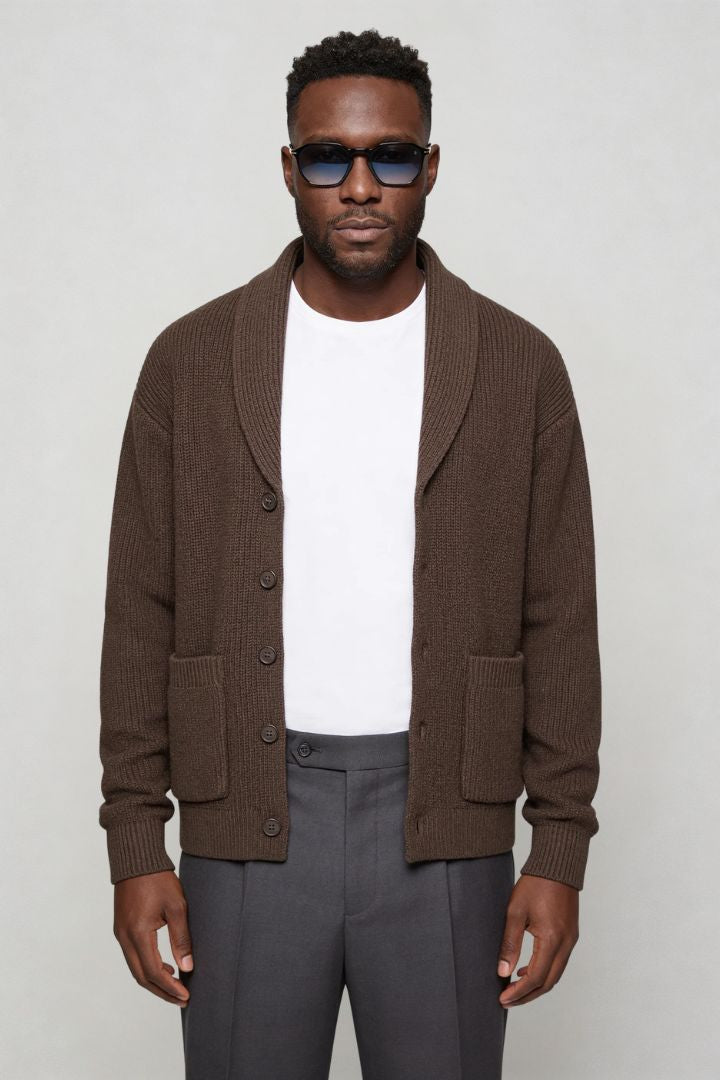 men shawl collar cotton cardigan in brown