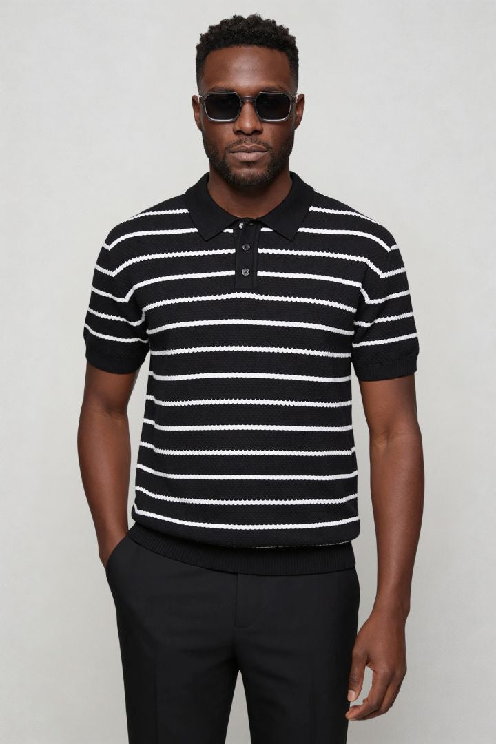 Men’s striped knit polo slim fit viscose summer sweater polo shirt front