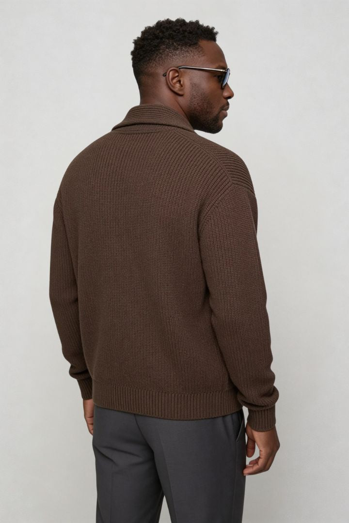 men shawl collar cotton cardigan in brown back view - Smart Casual style