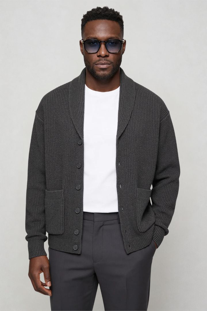 men shawl collar cotton cardigan in charcoal gray front view