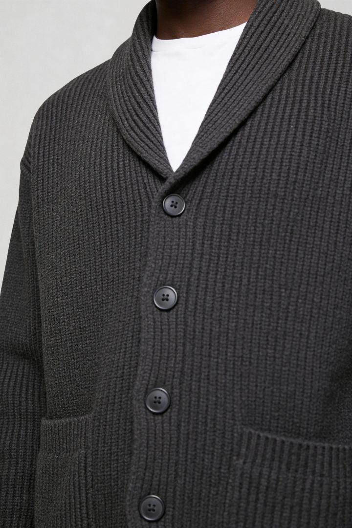 men shawl collar cotton cardigan in charcoal gray close-up