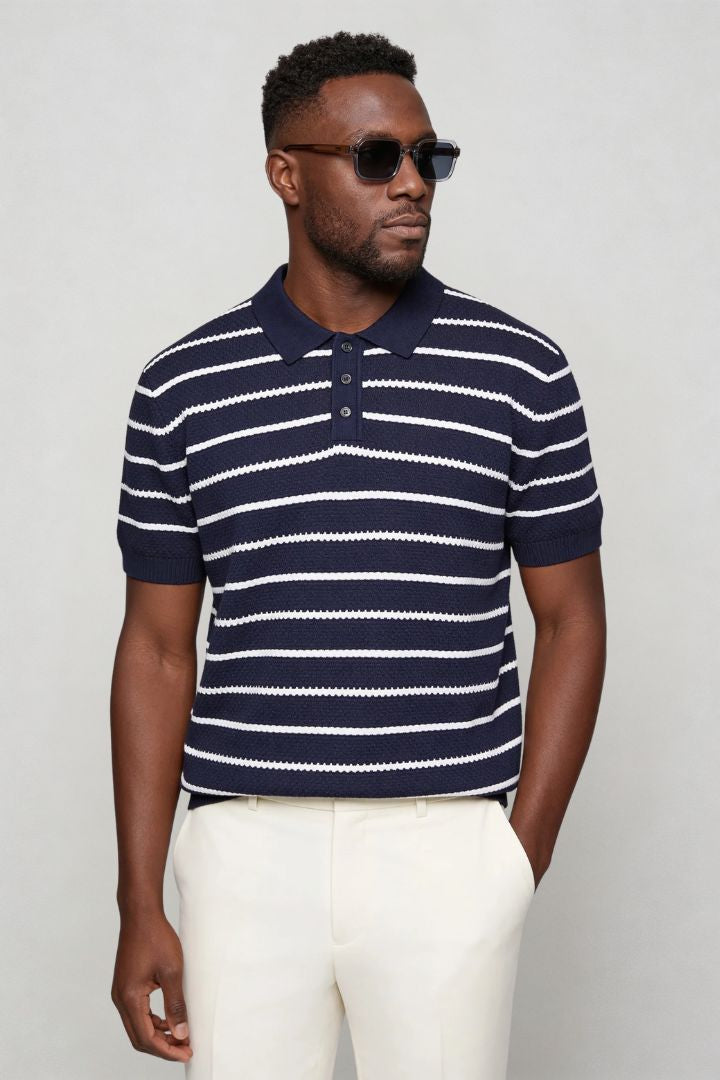 Men’s striped knit navy polo slim fit viscose summer sweater polo shirt side pose