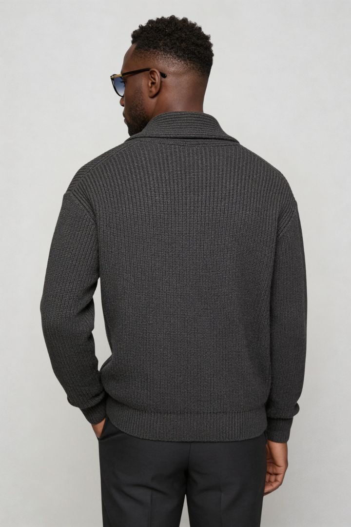 men shawl collar cotton cardigan in charcoal gray back view
