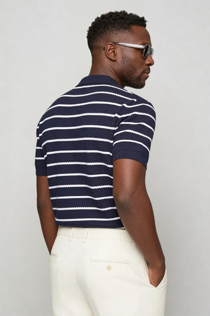Men’s striped knit navy polo slim fit viscose summer sweater polo shirt back