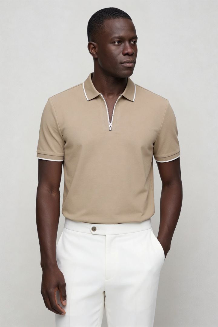 Men’s sand half zip polo shirt in stretch cotton slim fit with short sleeves and contrast collar trim