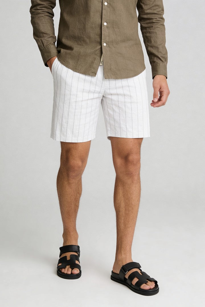 Men’s white linen stripe shorts with drawstring waist and relaxed breathable summer fit front view