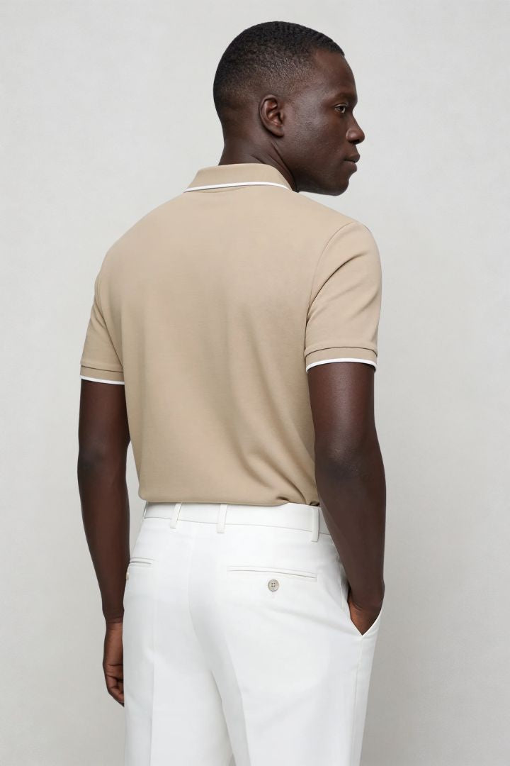 Men’s sand half zip polo shirt in stretch cotton slim fit with short sleeves and contrast collar trim bac view