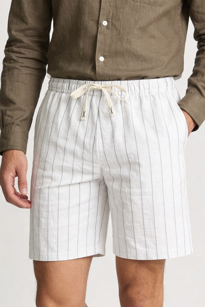 Men’s white linen stripe shorts with drawstring waist and relaxed breathable summer fit close-up view