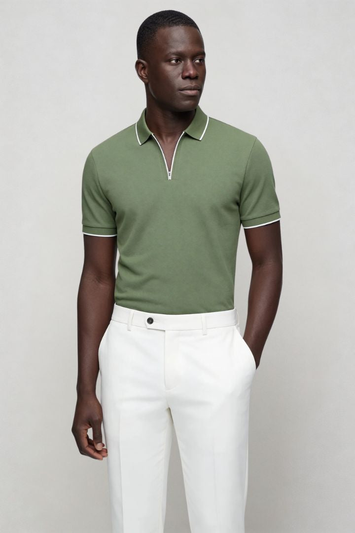 Men’s olive half zip polo shirt slim fit stretch cotton with modern zip front view