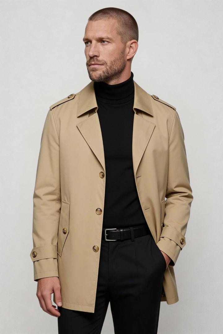 men’s beige mid-length tailored coat smart casual trench jacket structured fit front pose