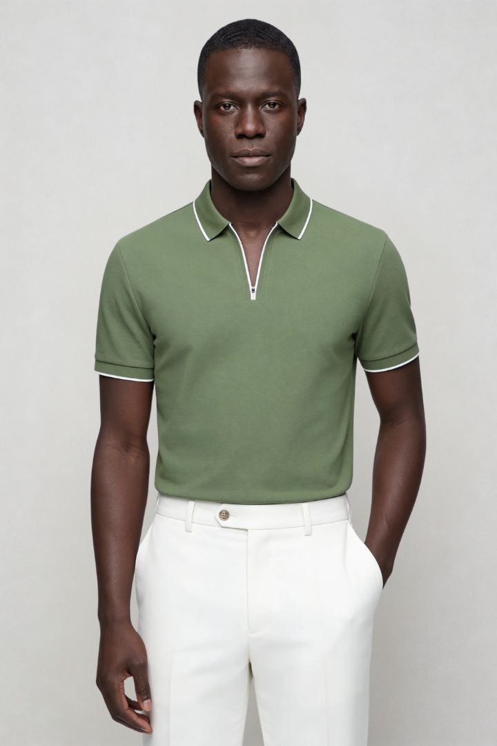 Men’s olive half zip polo shirt slim fit stretch cotton with modern zip Smart casual style